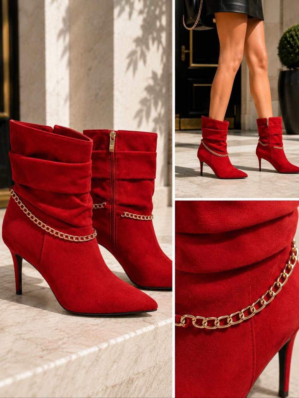 NWOT Marc Fisher 8.5 Red Femme Fatale Suede Ankle Booties Gold Chain Stiletto